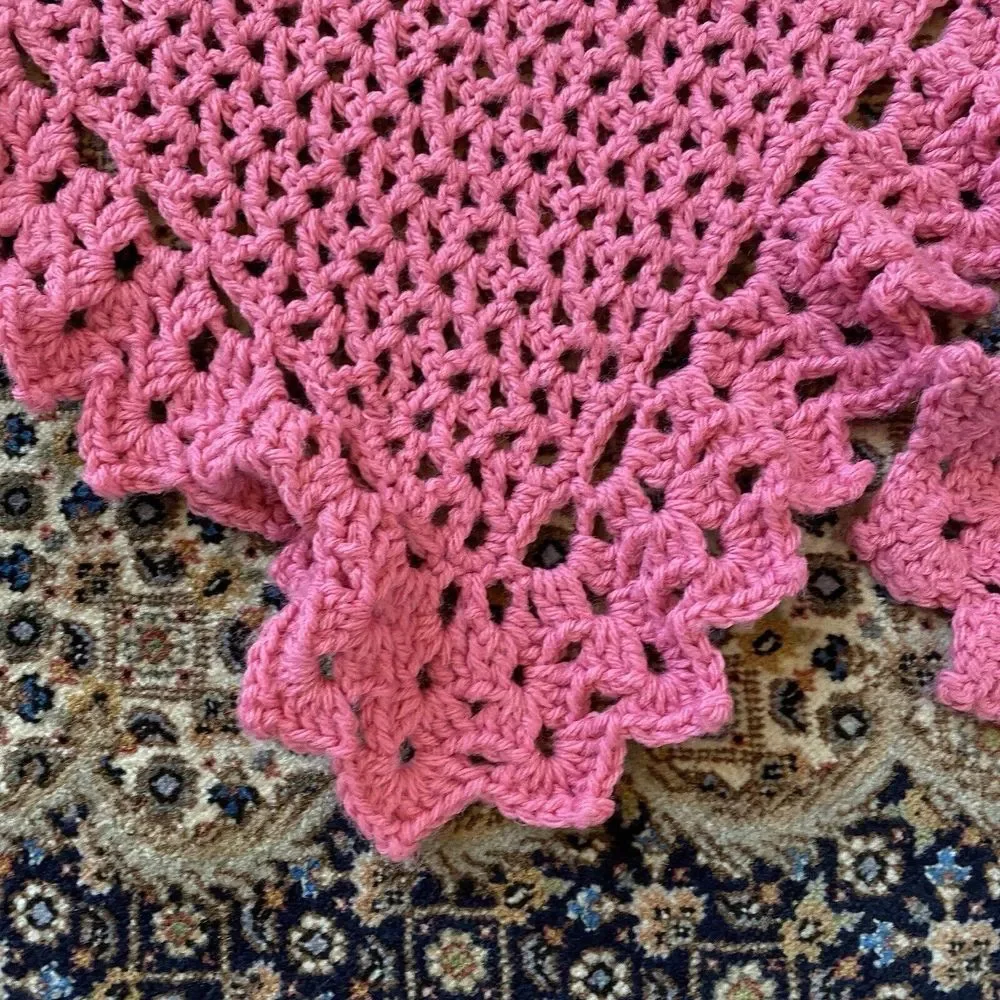 Handmade Crochet Baby Blanket Pink & White 35” X 33” & Shoulder Crochet Burp Pad